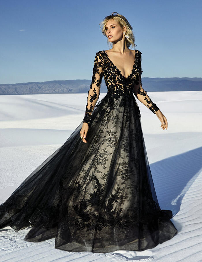 Black wedding dress lace sleeves 2025