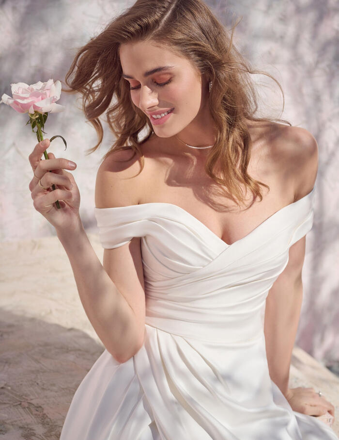 Off the shoulder store ruched wedding dress